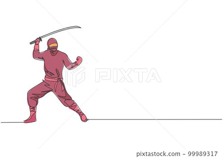 One continuous line drawing of young brave Japanese ninja character on black costume with attacking position. Martial art fighting concept. Dynamic single line draw graphic design vector illustration 99989317