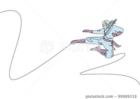 Single continuous line drawing of young Japanese culture ninja warrior with jumping kick attack pose. Martial art fighting samurai concept. Trendy one line draw graphic design vector illustration 99989318