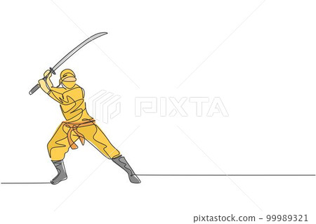 One single line drawing of young energetic Japanese traditional ninja holding samurai sword on attack pose vector illustration. Combative martial art sport concept. Modern continuous line draw design One single line drawing of young energetic Japanese traditional ninja holding samurai sword on attack pose vector illustration. Combative martial art sport concept. Modern continuous line draw design 99989321