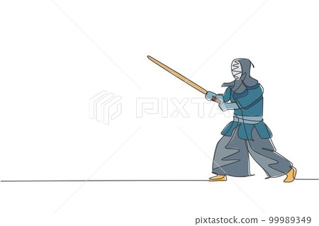 One single line drawing of young energetic man exercise kendo stance position with wooden sword at gym center vector illustration. Combative fight sport concept. Modern continuous line draw design 99989349