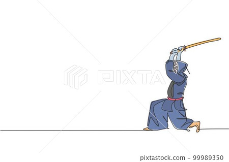One continuous line drawing of young sporty man training kendo attack fighting skill in dojo center. Healthy martial art sport concept. Dynamic single line draw graphic design vector illustration 99989350