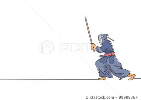 One continuous line drawing of young sporty man training kendo attack fighting skill in dojo center. Healthy martial art sport concept. Dynamic single line draw design graphic vector illustration 99989367