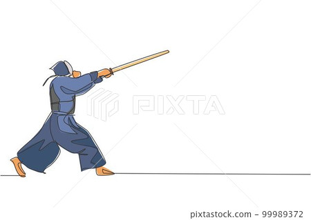 One single line drawing of young energetic man exercise attack kendo move with wooden sword at gym center vector graphic illustration. Combative fight sport concept. Modern continuous line draw design One single line drawing of young energetic man exercise attack kendo move with wooden sword at gym center vector graphic illustration. Combative fight sport concept. Modern continuous line draw design 99989372