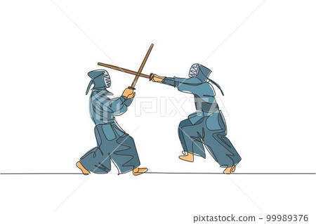 One single line drawing of two young energetic men exercise kendo combat game with wooden sword at gym center vector illustration. Combative fight sport concept. Modern continuous line draw design 99989376