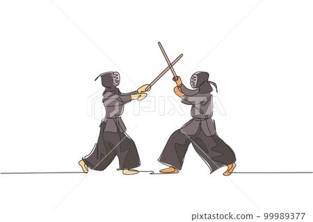One continuous line drawing of two young sporty man training kendo spare fighting skill in dojo center. Healthy martial art sport concept. Dynamic single line draw design graphic vector illustration One continuous line drawing of two young sporty man training kendo spare fighting skill in dojo center. Healthy martial art sport concept. Dynamic single line draw design graphic vector illustration 99989377