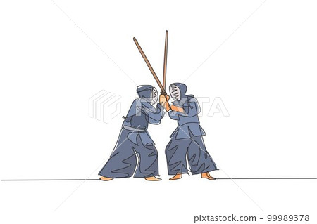 One single line drawing of two young energetic man exercise sparring fight kendo with wooden sword at gym center vector illustration. Combative fight sport concept. Modern continuous line draw design 99989378
