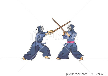 Single continuous line drawing of young sportive men practicing kendo martial art skill on gym sport center. Sparring partner. Fighting sport concept. Trendy one line draw design vector illustration 99989379