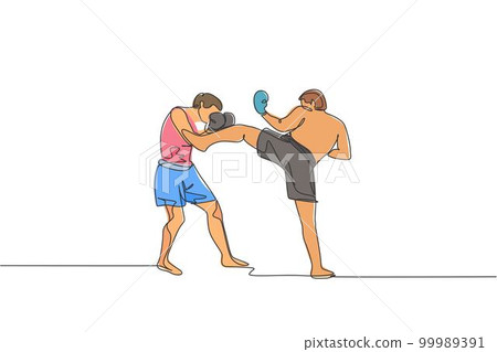 Single continuous line drawing of young sportive man kickboxer fight in sport arena for local championship title. Fight competition kickboxing sport concept. One line draw design vector illustration 99989391