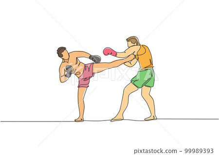One continuous line drawing of two young sporty men kickboxer athlete training together at gym center. Sparring fight. Combative kickboxing sport concept. Single line draw design vector illustration One continuous line drawing of two young sporty men kickboxer athlete training together at gym center. Sparring fight. Combative kickboxing sport concept. Single line draw design vector illustration 99989393