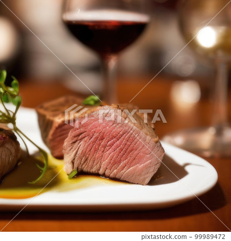 Gourmet grilled beef meat filet mignon or scotch steak chateaubrian on white plate, red wine glass 99989472