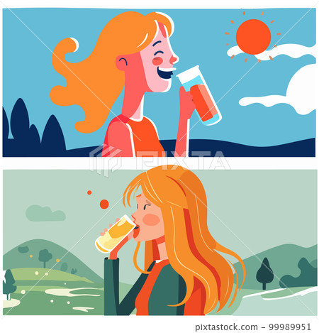 vector drawing of girls drinking drinks. Two girls with red hair drink drinks with pleasure vector drawing of girls drinking drinks. Two girls with red hair drink drinks with pleasure 99989951