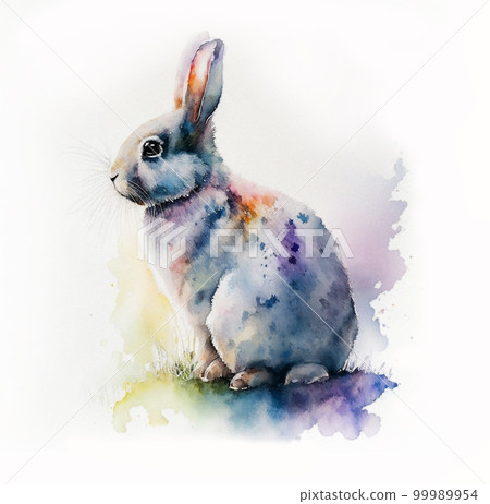 Watercolor drawing of this year's symbol rabbit. Little multicolored rabbit for your design 99989954