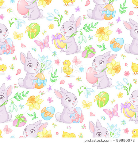 Easter seamless vector pattern with cute bunnies, chicks, eggs, spring flowers and butterflies. 99990078