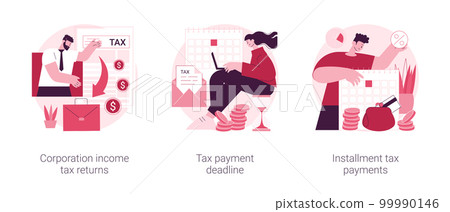 Corporate accountancy abstract concept vector illustration set. Corporation income tax return date, payment deadline, installment tax payments, vat payment, estimated refund abstract metaphor. Corporate accountancy abstract concept vector illustration set. Corporation income tax return date, payment deadline, installment tax payments, vat payment, estimated refund abstract metaphor. 99990146