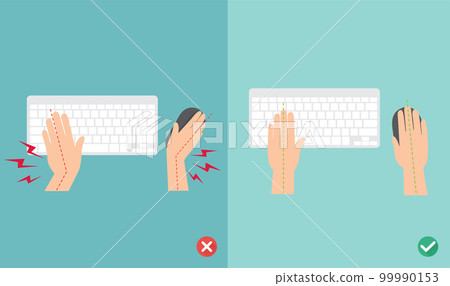 wrong and right ways for hand position in use keyboard and mouse illustration, vector wrong and right ways for hand position in use keyboard and mouse illustration, vector 99990153