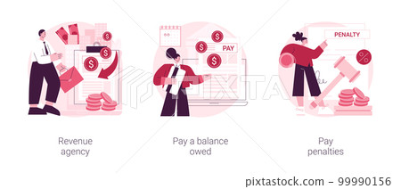 Tax payment abstract concept vector illustration set. Revenue agency, pay a balance owed, pay penalties, credit payment, filing taxes, payroll account, family benefit, GST and HST abstract metaphor. 99990156