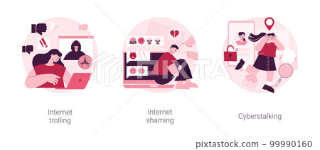 Social media aggressive behavior abstract concept vector illustration set. Internet trolling, digital shaming, cyberstalking, internet harassment, mental abuse, cyber crime abstract metaphor. Social media aggressive behavior abstract concept vector illustration set. Internet trolling, digital shaming, cyberstalking, internet harassment, mental abuse, cyber crime abstract metaphor. 99990160