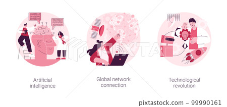 Information era abstract concept vector illustration set. Artificial intelligence, global network connection, technological revolution, cognitive computing, machine learning abstract metaphor. Information era abstract concept vector illustration set. Artificial intelligence, global network connection, technological revolution, cognitive computing, machine learning abstract metaphor. 99990161