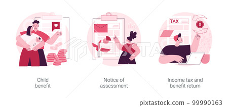 Income year abstract concept vector illustration set. Child benefit, notice of assessment, income tax and benefit return, dependent care costs, gather paperwork, social wealth abstract metaphor. Income year abstract concept vector illustration set. Child benefit, notice of assessment, income tax and benefit return, dependent care costs, gather paperwork, social wealth abstract metaphor. 99990163