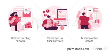 Tax software program abstract concept vector illustration set. Desktop tax filing software, mobile app and online service, income statement, IRS form, gather paperwork abstract metaphor. 99990169
