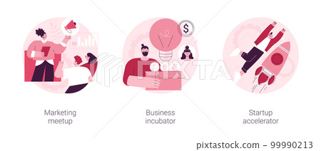 Venture investment abstract concept vector illustration set. Marketing meetup, business incubator, startup accelerator, sharing experience, business internet forum, opportunity abstract metaphor. Venture investment abstract concept vector illustration set. Marketing meetup, business incubator, startup accelerator, sharing experience, business internet forum, opportunity abstract metaphor. 99990213
