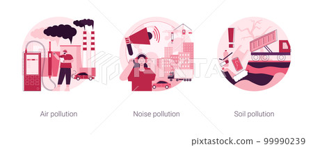 Ecological problem abstract concept vector illustration set. Air and noise pollution, soil contamination, urban smog, vehicle exhaust, global warming, land degradation, environment abstract metaphor. Ecological problem abstract concept vector illustration set. Air and noise pollution, soil contamination, urban smog, vehicle exhaust, global warming, land degradation, environment abstract metaphor. 99990239