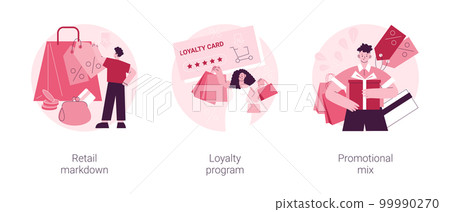 Customer attraction abstract concept vector illustration set. Retail markdown, loyalty program, promotional mix, selling strategy, coupon special discount, in-store sale, low price abstract metaphor. 99990270