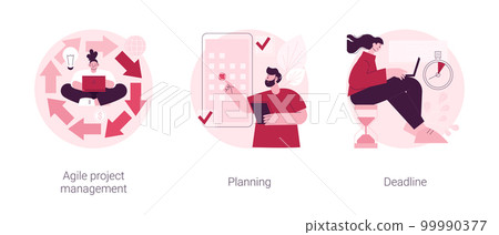 IT project delivery abstract concept vector illustration set. Agile project management, planning and deadline, software development, scrum workflow, problem solving, work time abstract metaphor. IT project delivery abstract concept vector illustration set. Agile project management, planning and deadline, software development, scrum workflow, problem solving, work time abstract metaphor. 99990377