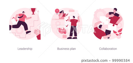 Startup development abstract concept vector illustration set. Leadership and business plan, collaboration, mutual assistance, managing skills, effective communication, entrepreneur abstract metaphor. Startup development abstract concept vector illustration set. Leadership and business plan, collaboration, mutual assistance, managing skills, effective communication, entrepreneur abstract metaphor. 99990384