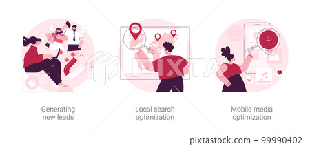 Sales and SEO digital strategy abstract concept vector illustration set. Generating new leads, local search optimization, mobile media, sales funnel, crm, communication channel abstract metaphor. 99990402
