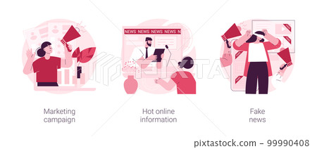 Social network content abstract concept vector illustration set. Marketing campaign, hot online information, fake news, target audience in social media, spreading rumors online abstract metaphor. 99990408