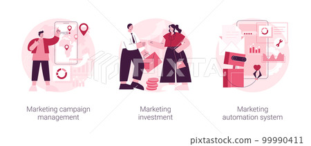 Marketing campaign management abstract concept vector illustration set. Investment and system automation, tracking and analysis, social media metrics, online platform dashboard abstract metaphor. 99990411
