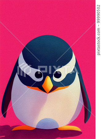 Funny adorable portrait headshot of cute penguin bird. South American sea animal standing facing front. Looking to camera. Watercolor imitation illustration. AI generated vertical artistic poster. 99990502