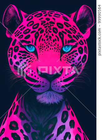 Funny adorable portrait headshot of cute jaguar. South American land animal standing facing front. Looking to camera. Watercolor imitation illustration. AI generated vertical artistic poster. 99990564