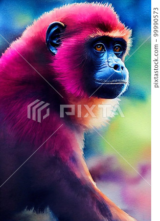 Funny adorable portrait headshot of cute howler monkey. South American land animal standing facing front. Looking to camera. Watercolor imitation illustration. AI generated vertical artistic poster. Funny adorable portrait headshot of cute howler monkey. South American land animal standing facing front. Looking to camera. Watercolor imitation illustration. AI generated vertical artistic poster. 99990573