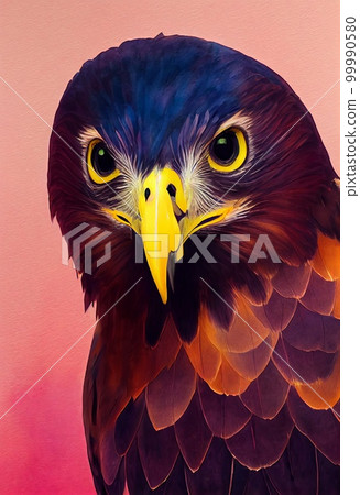 Funny adorable portrait headshot of cute harris hawk bird. South American flying animal. Watercolor imitation illustration. AI generated vertical artistic poster. Funny adorable portrait headshot of cute harris hawk bird. South American flying animal. Watercolor imitation illustration. AI generated vertical artistic poster. 99990580