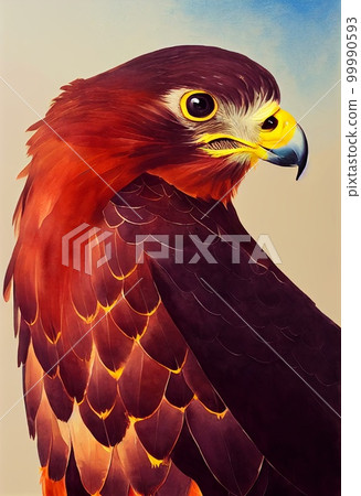 Funny adorable portrait headshot of cute harris hawk bird. South American flying animal. Watercolor imitation illustration. AI generated vertical artistic poster. Funny adorable portrait headshot of cute harris hawk bird. South American flying animal. Watercolor imitation illustration. AI generated vertical artistic poster. 99990593