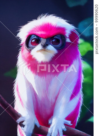Funny adorable portrait headshot of cute cotton top tamarin. South American land animal standing facing front. Looking to camera. Watercolor illustration. AI generated vertical artistic poster. Funny adorable portrait headshot of cute cotton top tamarin. South American land animal standing facing front. Looking to camera. Watercolor illustration. AI generated vertical artistic poster. 99990620