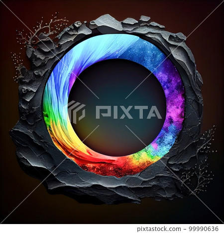 An empty colorful stonelike circle frame on solid background. Natural rock texture, northern light colors. Ai generated abstract illustration with a circle frame made of vivid stone. An empty colorful stonelike circle frame on solid background. Natural rock texture, northern light colors. Ai generated abstract illustration with a circle frame made of vivid stone. 99990636