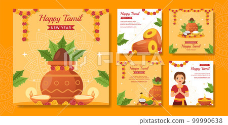 Happy Tamil New Year Social Media Post Flat Cartoon Hand Drawn Templates Background Illustration 99990638