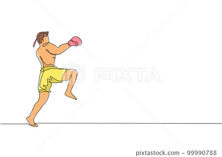 One continuous line drawing of young sporty muay thai boxer man preparing to fight, stance kick at box arena. Fighting sport game concept. Dynamic single line draw design graphic vector illustration 99990788