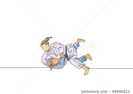 One single line drawing two young energetic judokas fighter women battle fighting at gym center graphic vector illustration. Martial art sport competition concept. Modern continuous line draw design One single line drawing two young energetic judokas fighter women battle fighting at gym center graphic vector illustration. Martial art sport competition concept. Modern continuous line draw design 99990823