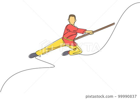 One continuous line drawing of wushu master man jumping, kung fu warrior in kimono with long staff on training. Martial art sport contest concept. Dynamic single line draw design vector illustration One continuous line drawing of wushu master man jumping, kung fu warrior in kimono with long staff on training. Martial art sport contest concept. Dynamic single line draw design vector illustration 99990837