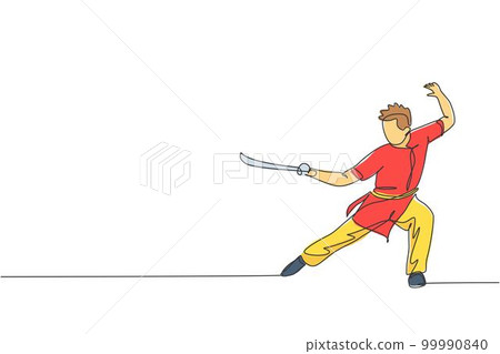 One continuous line drawing of young wushu master man, kung fu warrior in kimono with sword on training. Martial art sport contest concept. Dynamic single line draw design graphic vector illustration One continuous line drawing of young wushu master man, kung fu warrior in kimono with sword on training. Martial art sport contest concept. Dynamic single line draw design graphic vector illustration 99990840