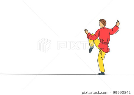 One single line drawing young man on kimono exercising wushu and kung fu stance balance technique on gym center vector illustration graphic. Fighting sport concept. Modern continuous line draw design 99990841