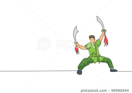 Single continuous line drawing young man wushu fighter, kung fu master in uniform training with swords at dojo center. Fighting contest concept. Trendy one line draw graphic design vector illustration Single continuous line drawing young man wushu fighter, kung fu master in uniform training with swords at dojo center. Fighting contest concept. Trendy one line draw graphic design vector illustration 99990844