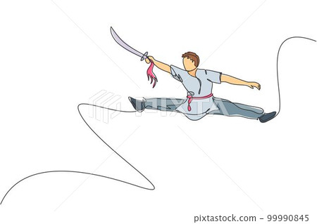 One single line drawing of young man on kimono exercise wushu and kung fu jumping technique with sword on gym center vector illustration. Fighting sport concept. Modern continuous line draw design One single line drawing of young man on kimono exercise wushu and kung fu jumping technique with sword on gym center vector illustration. Fighting sport concept. Modern continuous line draw design 99990845