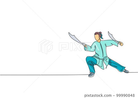 One single line drawing of young woman on kimono exercise wushu martial art, kung fu technique with swords on gym center vector illustration. Fighting sport concept. Modern continuous line draw design 99990848