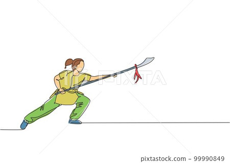 One continuous line drawing young wushu master woman, kung fu warrior in kimono with spear on training. Martial art sport contest concept. Dynamic single line draw design graphic vector illustration 99990849