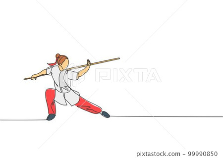 Single continuous line drawing of young woman wushu fighter, kung fu master in uniform train with long staff at dojo center. Fighting contest concept. Trendy one line draw design vector illustration Single continuous line drawing of young woman wushu fighter, kung fu master in uniform train with long staff at dojo center. Fighting contest concept. Trendy one line draw design vector illustration 99990850